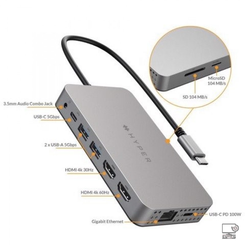 Cổng chuyển Hyperdrive Dual 4k HDMI 10-IN-1 USB-C Hub for Macbook M1 (HDM1H)